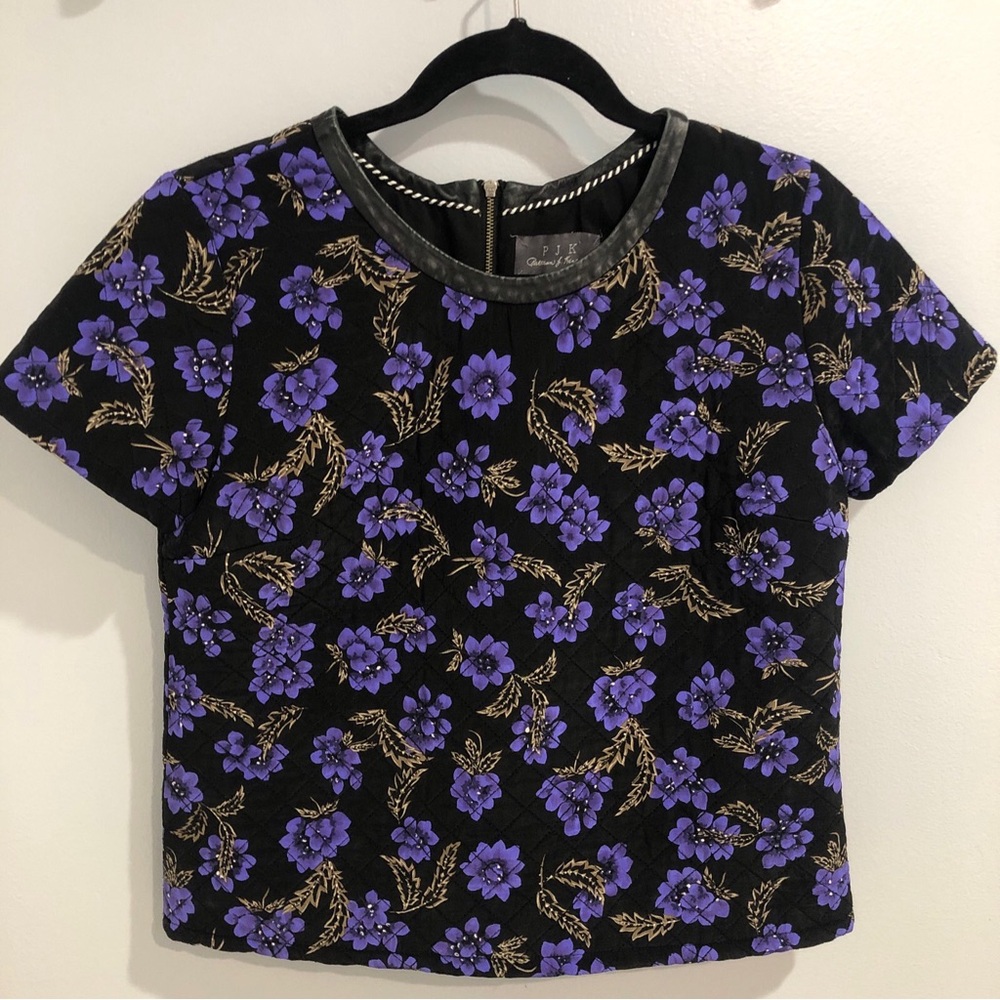 PJK Patterson J. Kincaid Purple Black Quilted Floral Silk Top Blouse Size M